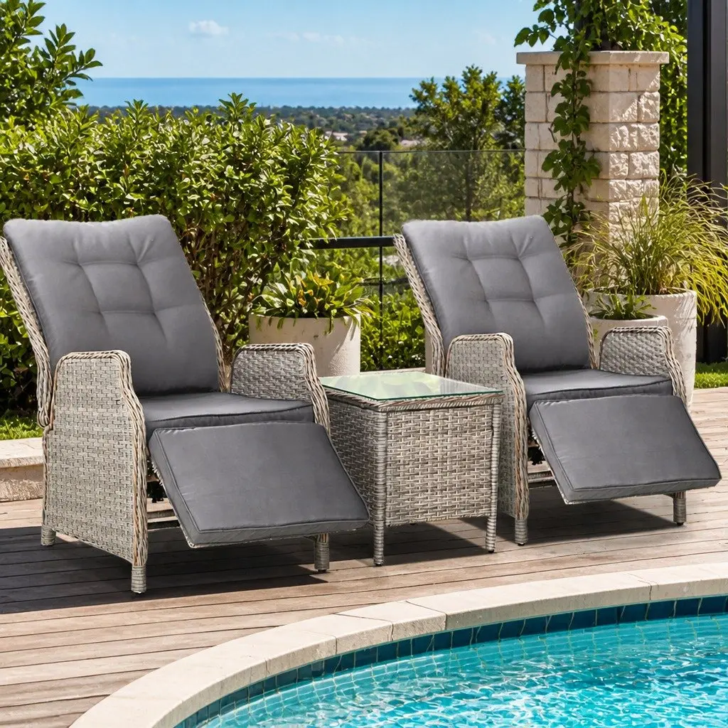 3 Piece Outdoor Recliner Set Grey Wicker Lounge Chairs Adjustable Backrest and Footrest