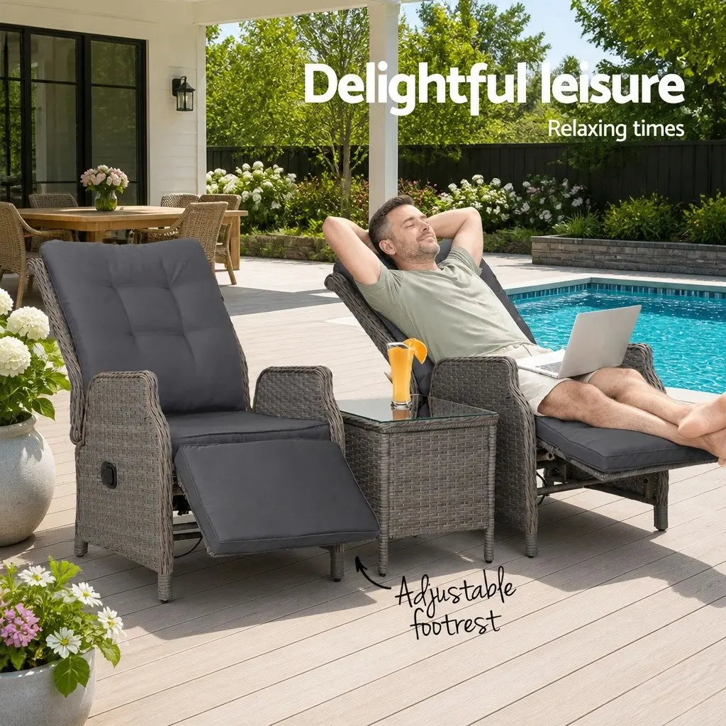 3 Piece Outdoor Recliner Set Grey Wicker Lounge Chairs Adjustable Backrest and Footrest