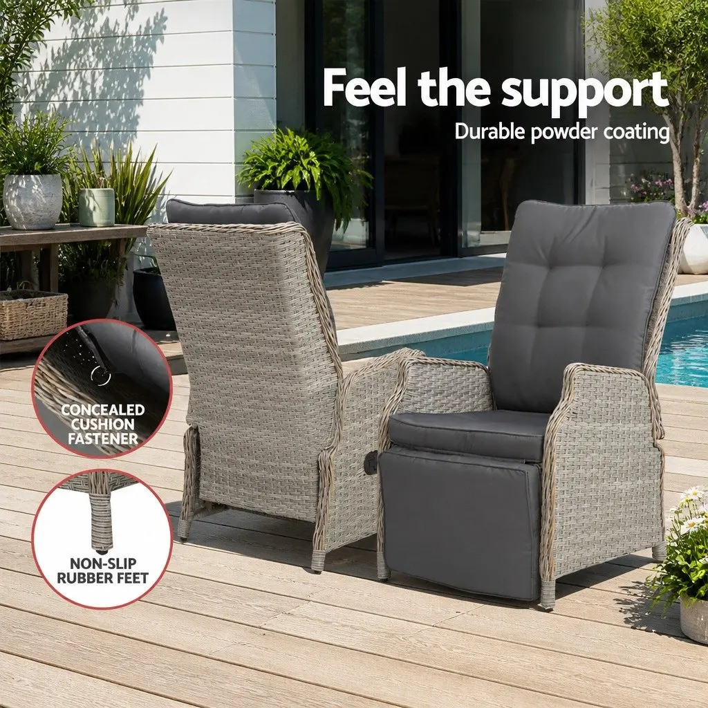 3 Piece Outdoor Recliner Set Grey Wicker Lounge Chairs Adjustable Backrest and Footrest