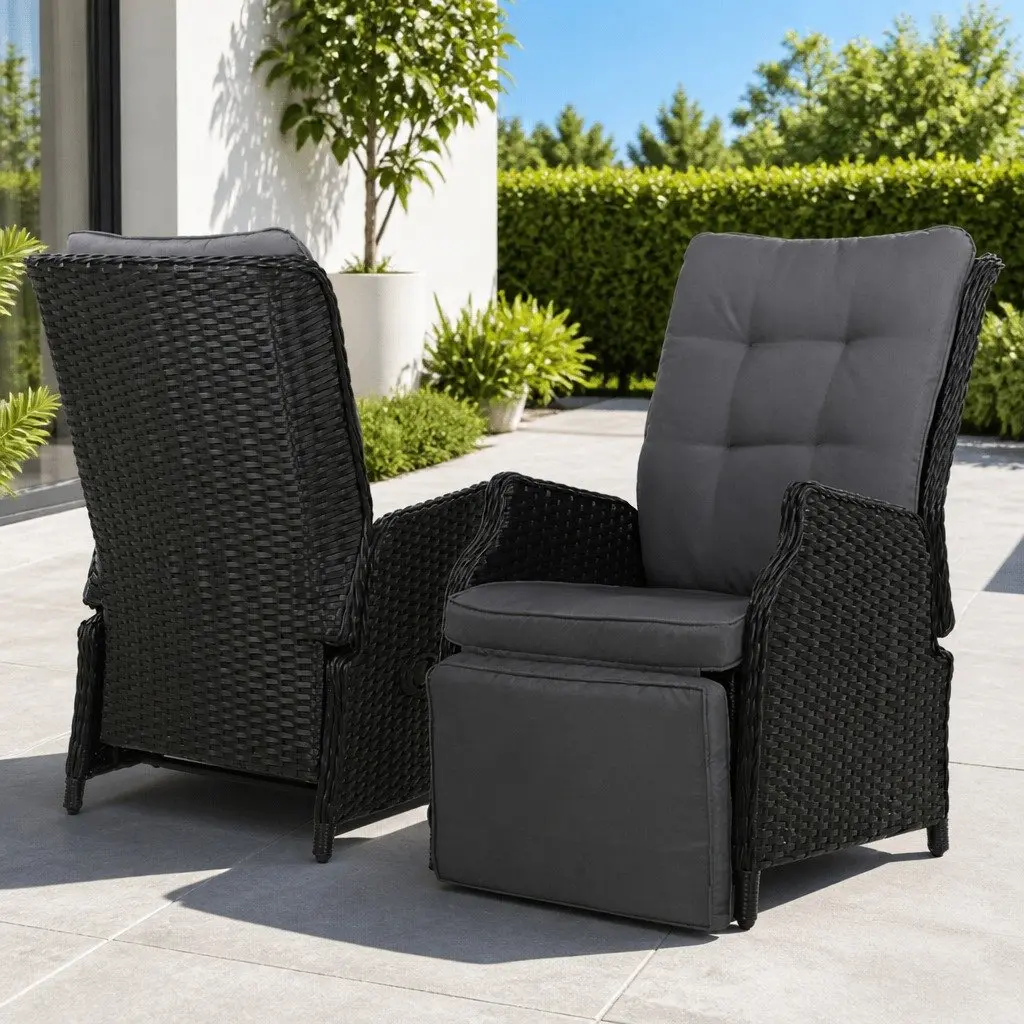 Wicker Recliner Chair Black Adjustable Outdoor Indoor Lounger