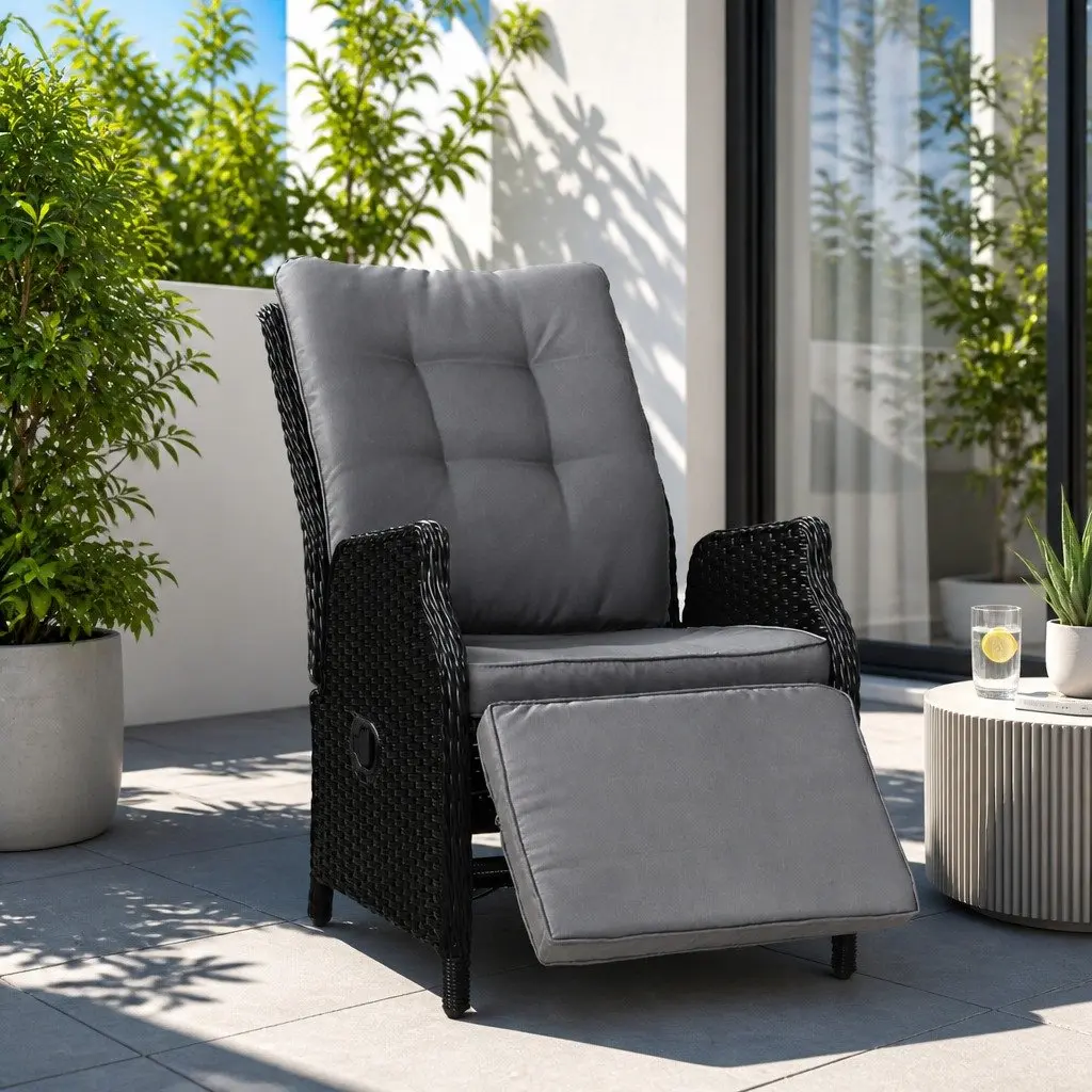Wicker Recliner Chair Black Adjustable Outdoor Indoor Lounger