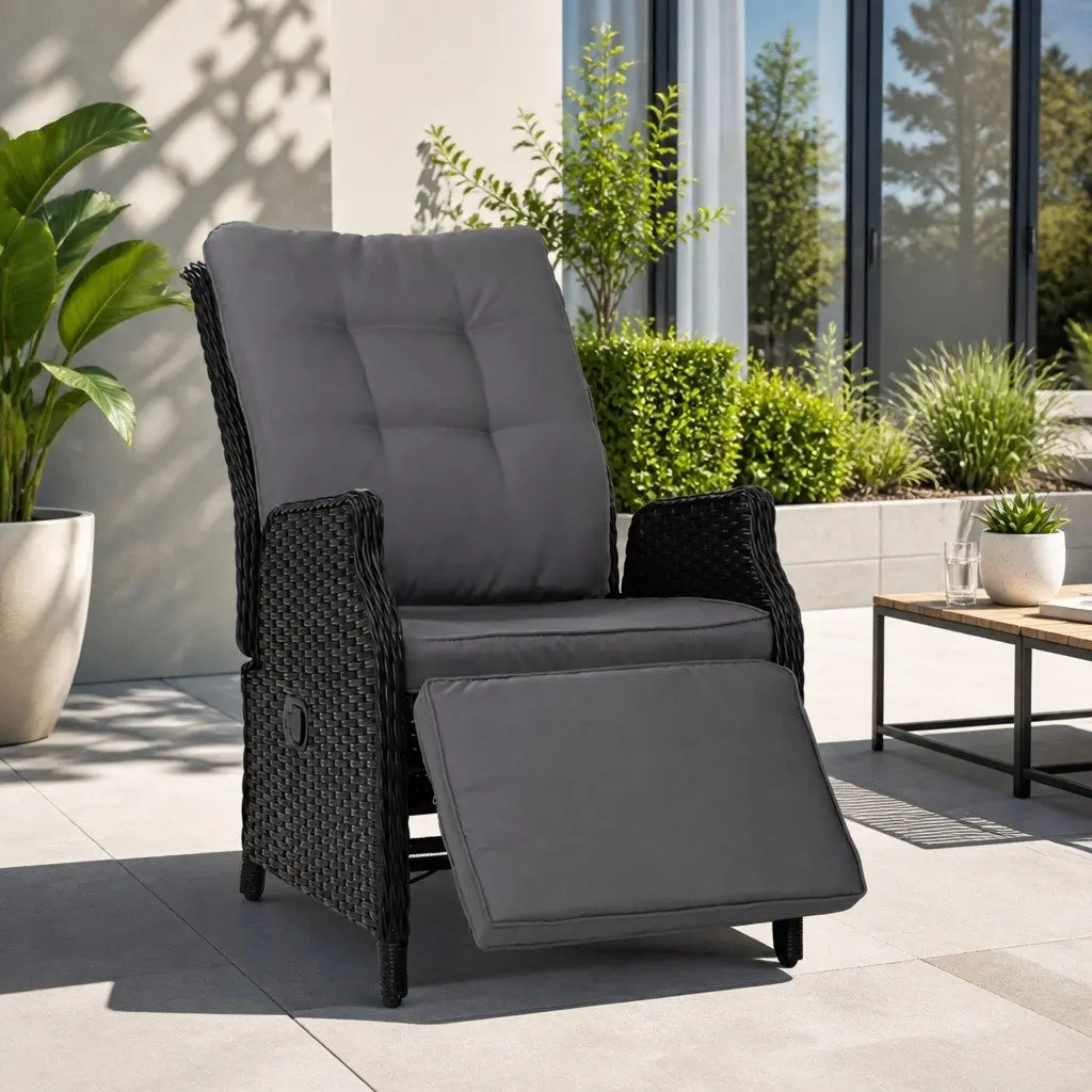 Wicker Recliner Chair Black Adjustable Outdoor Indoor Lounger