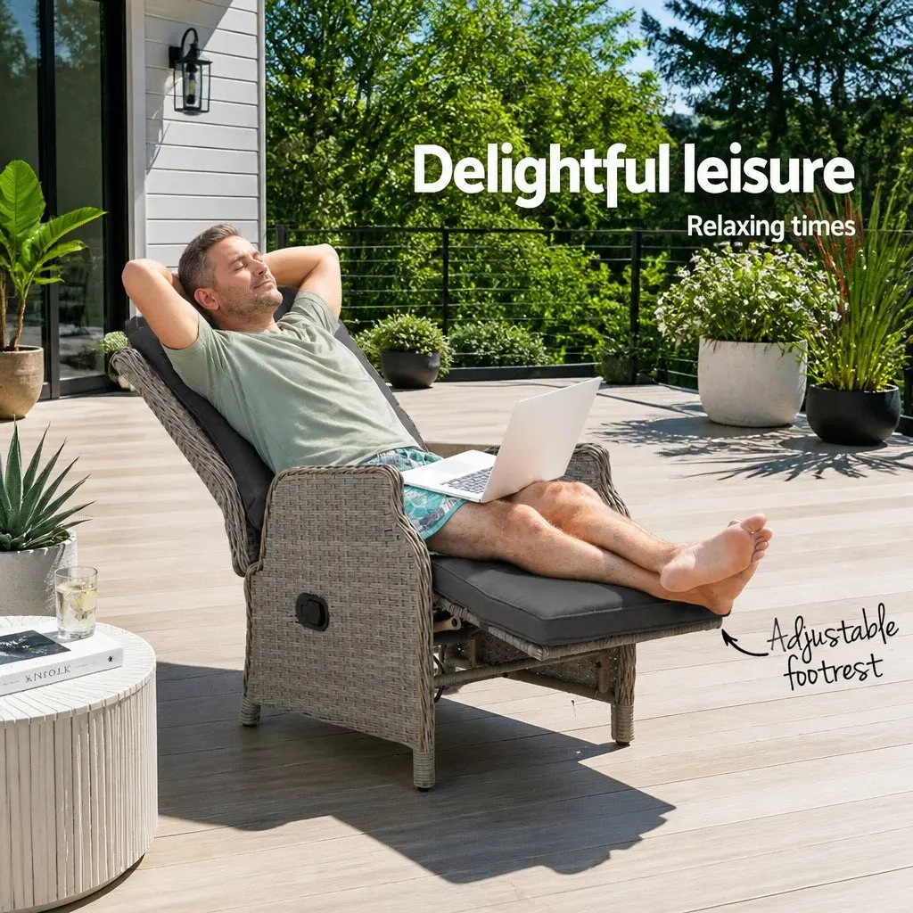 Wicker Recliner Chair Grey Adjustable Outdoor Patio Furniture