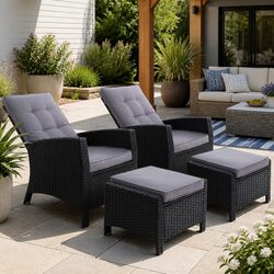 Concise Adjustable Recliner Chair and Ottoman Set in Black