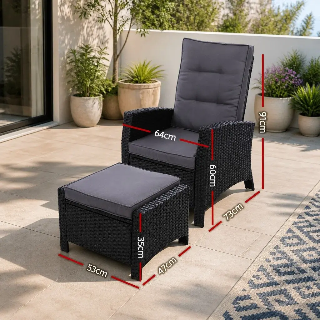 Wicker Recliner Chair Black Adjustable Lounger Outdoor Patio Furniture with Ottoman
