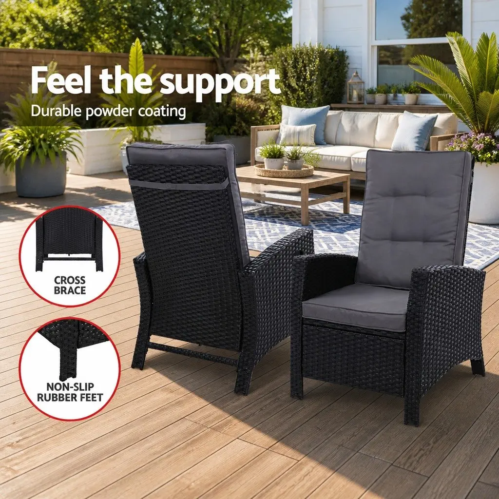 Wicker Recliner Chair Black Adjustable Lounger Outdoor Patio Furniture with Ottoman