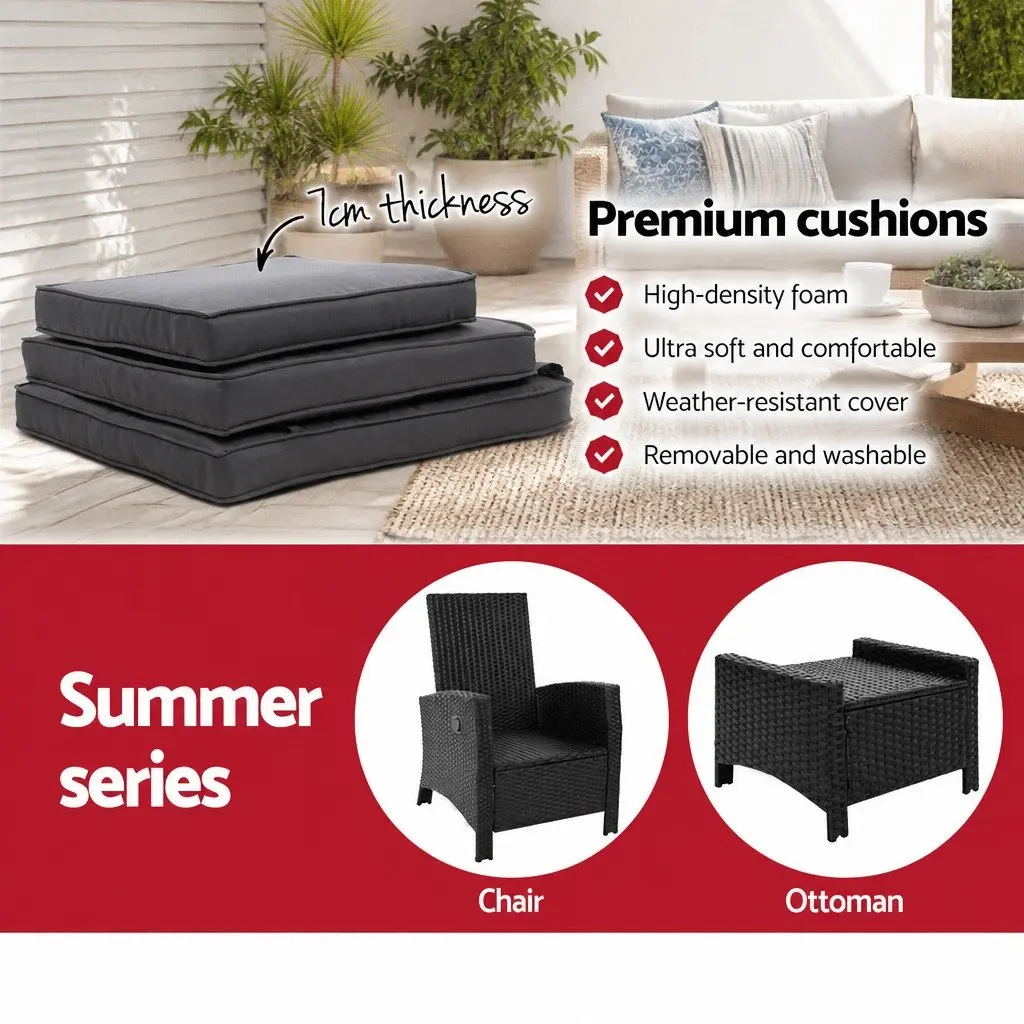 Wicker Recliner Chair Black Adjustable Lounger Outdoor Patio Furniture with Ottoman