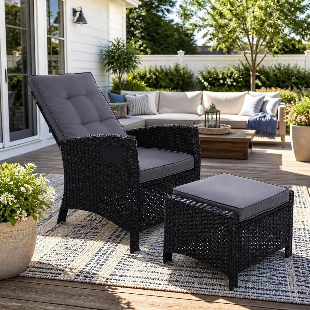 Wicker Recliner Chair Black Adjustable Lounger Outdoor Patio Furniture with Ottoman