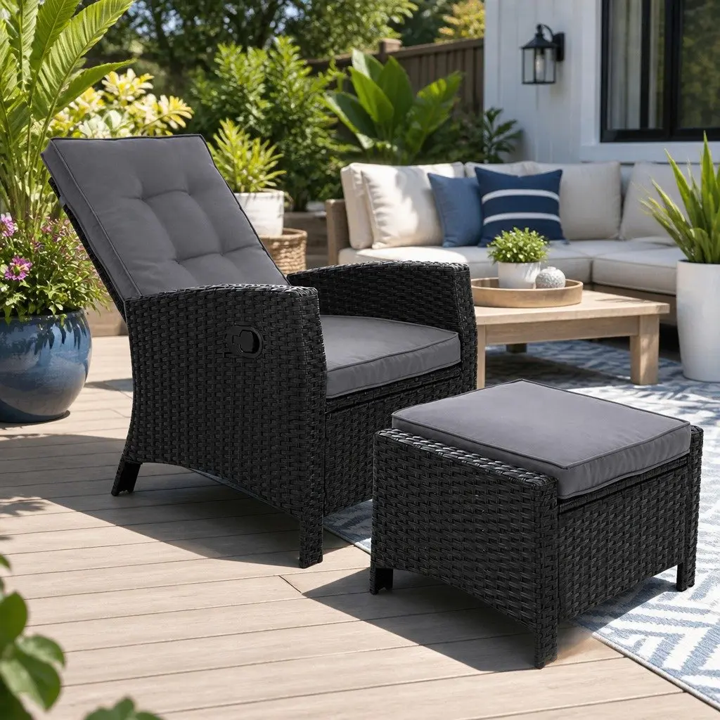 Wicker Recliner Chair Black Adjustable Lounger Outdoor Patio Furniture with Ottoman