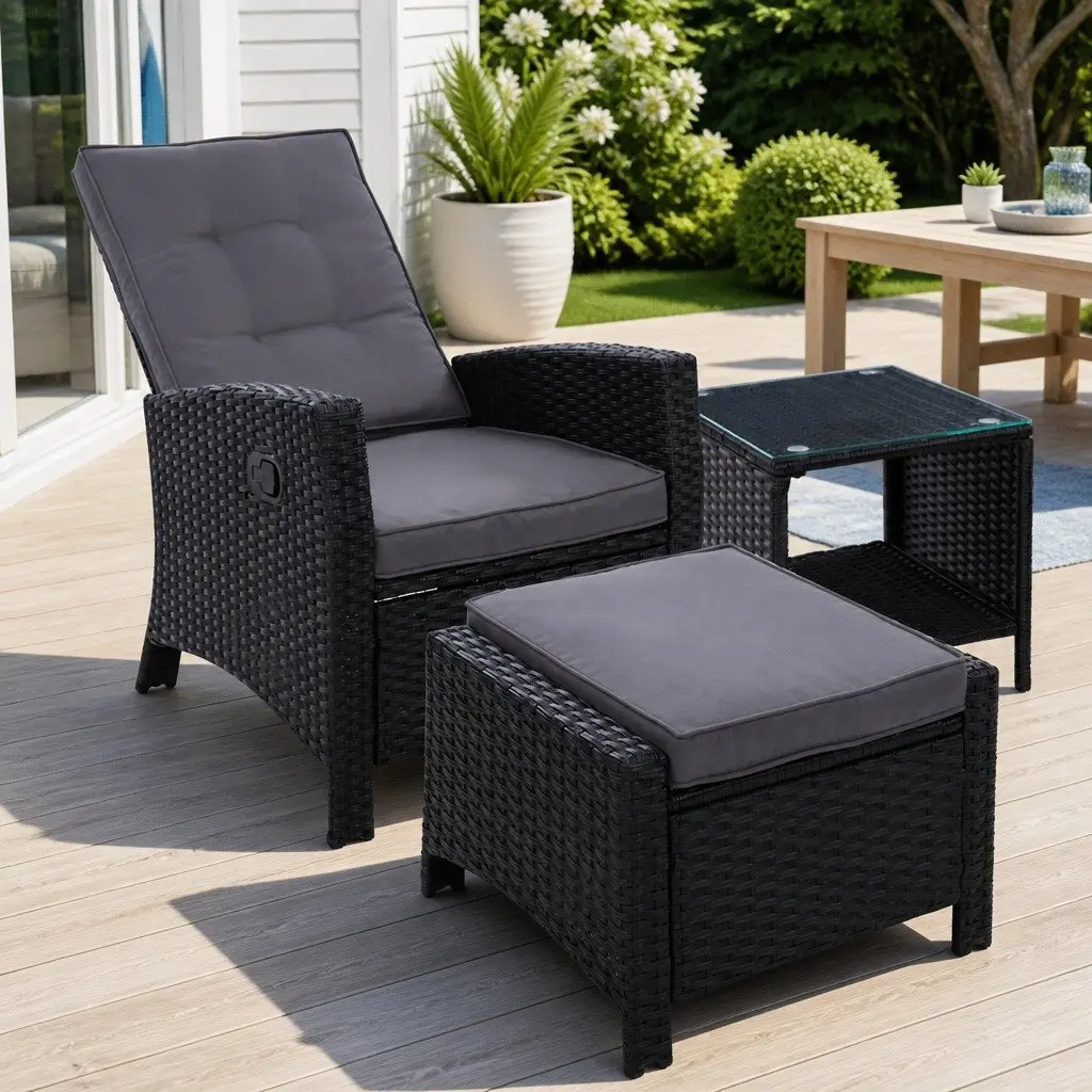 Wicker Recliner Set with Ottoman and Side Table