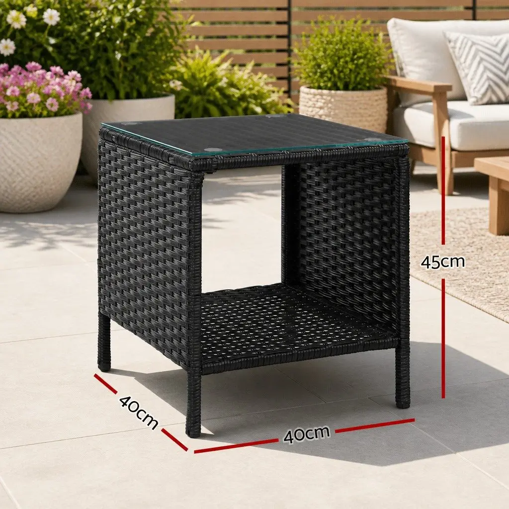 Wicker Side Table Black White Glass Top Indoor Outdoor Furniture 40cm