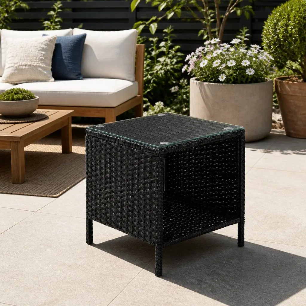 Wicker Side Table Black White Glass Top Indoor Outdoor Furniture 40cm