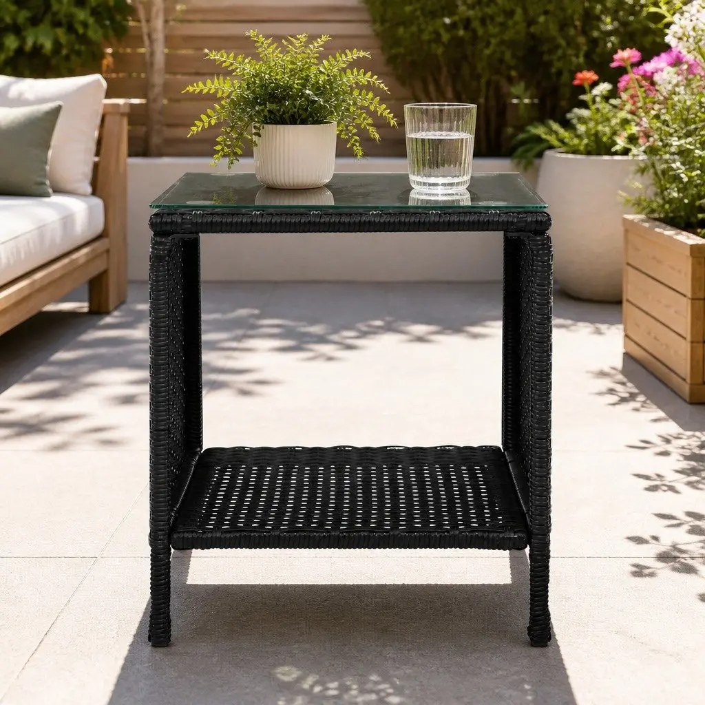 Wicker Side Table Black White Glass Top Indoor Outdoor Furniture 40cm