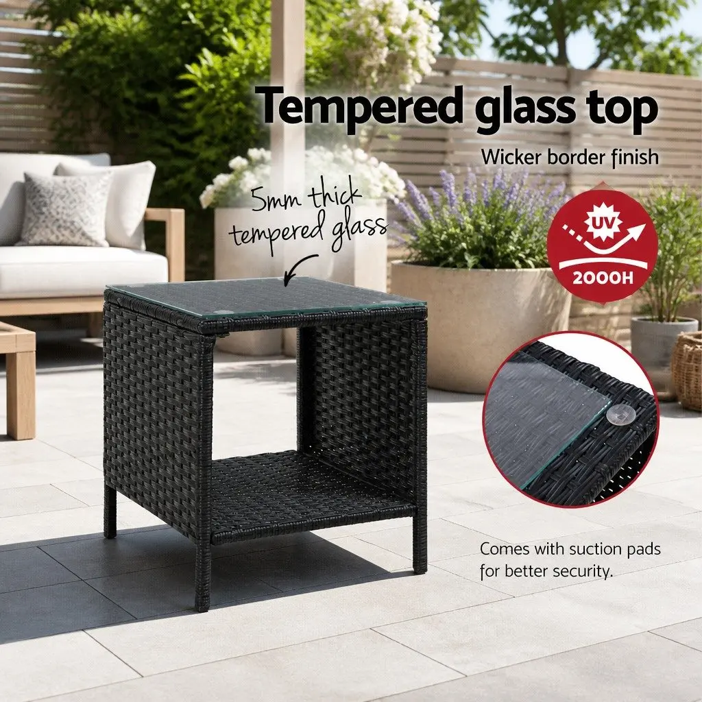 Wicker Side Table Black White Glass Top Indoor Outdoor Furniture 40cm