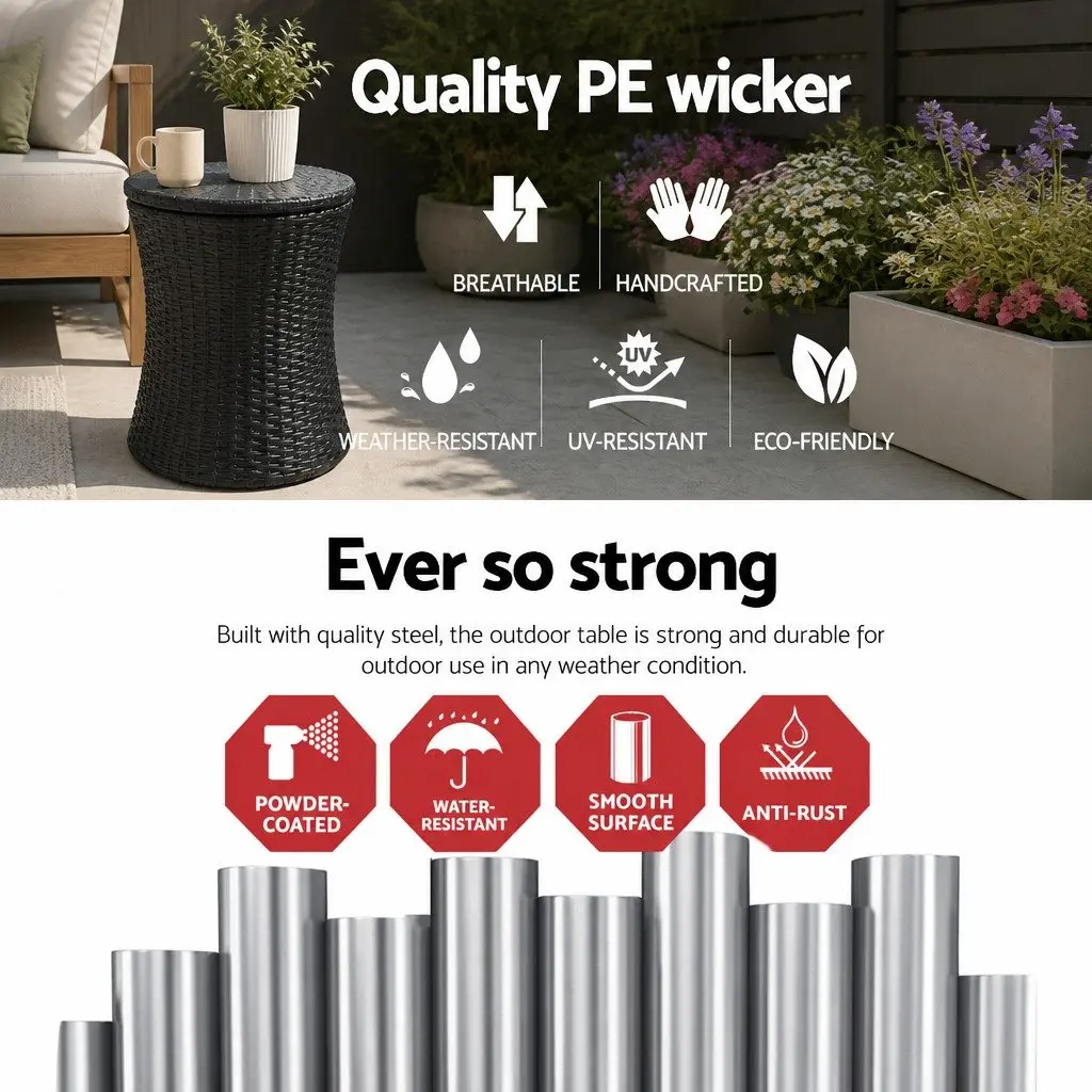 Wicker Side Table Black White Glass Top Indoor Outdoor Furniture 40cm