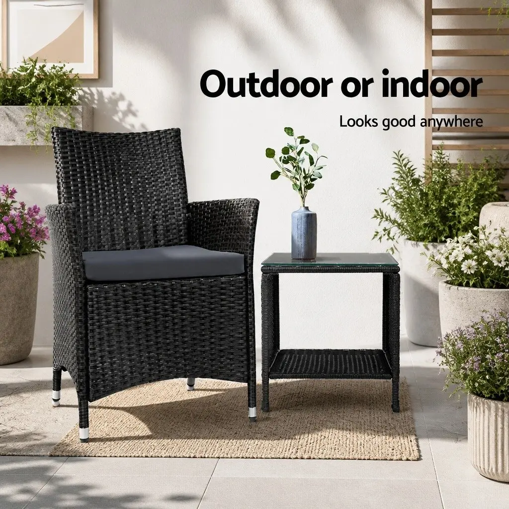 Wicker Side Table Black White Glass Top Indoor Outdoor Furniture 40cm