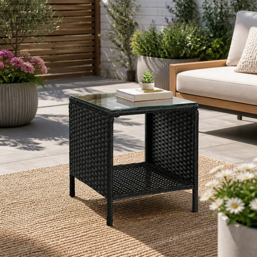 Wicker Side Table Black White Glass Top Indoor Outdoor Furniture 40cm