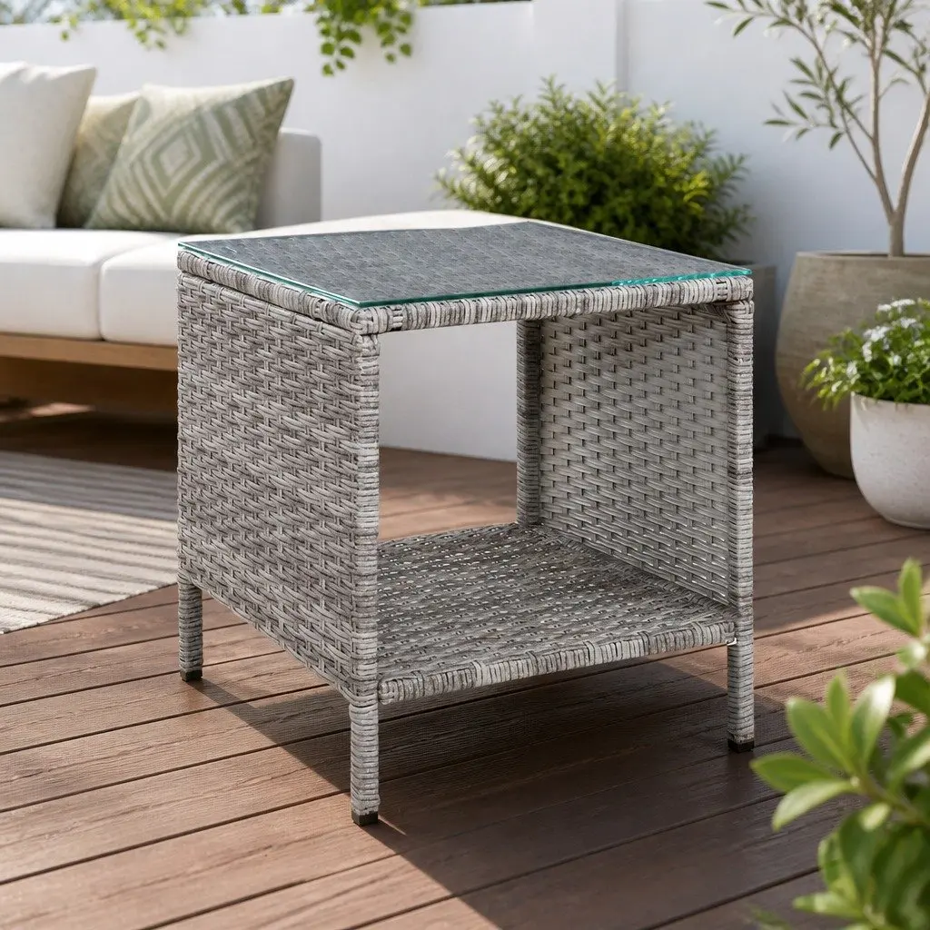 Wicker Side Table with Sturdy Glass Top