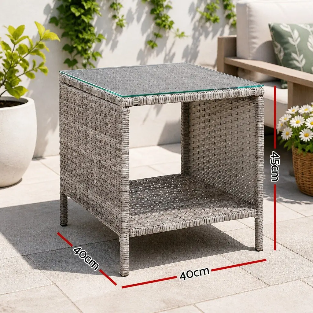 Outdoor Side Table Black 40cm Tempered Glass Top Wicker Rattan Furniture
