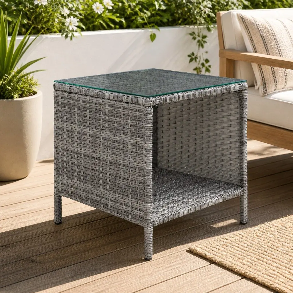 Outdoor Side Table Black 40cm Tempered Glass Top Wicker Rattan Furniture
