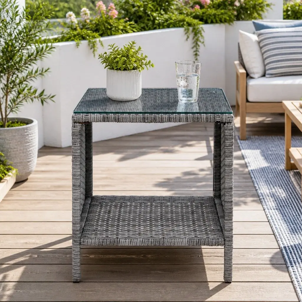 Outdoor Side Table Black 40cm Tempered Glass Top Wicker Rattan Furniture