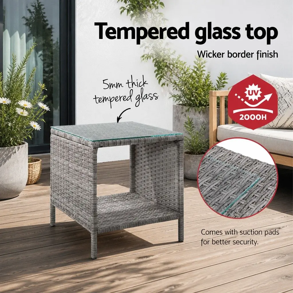Outdoor Side Table Black 40cm Tempered Glass Top Wicker Rattan Furniture