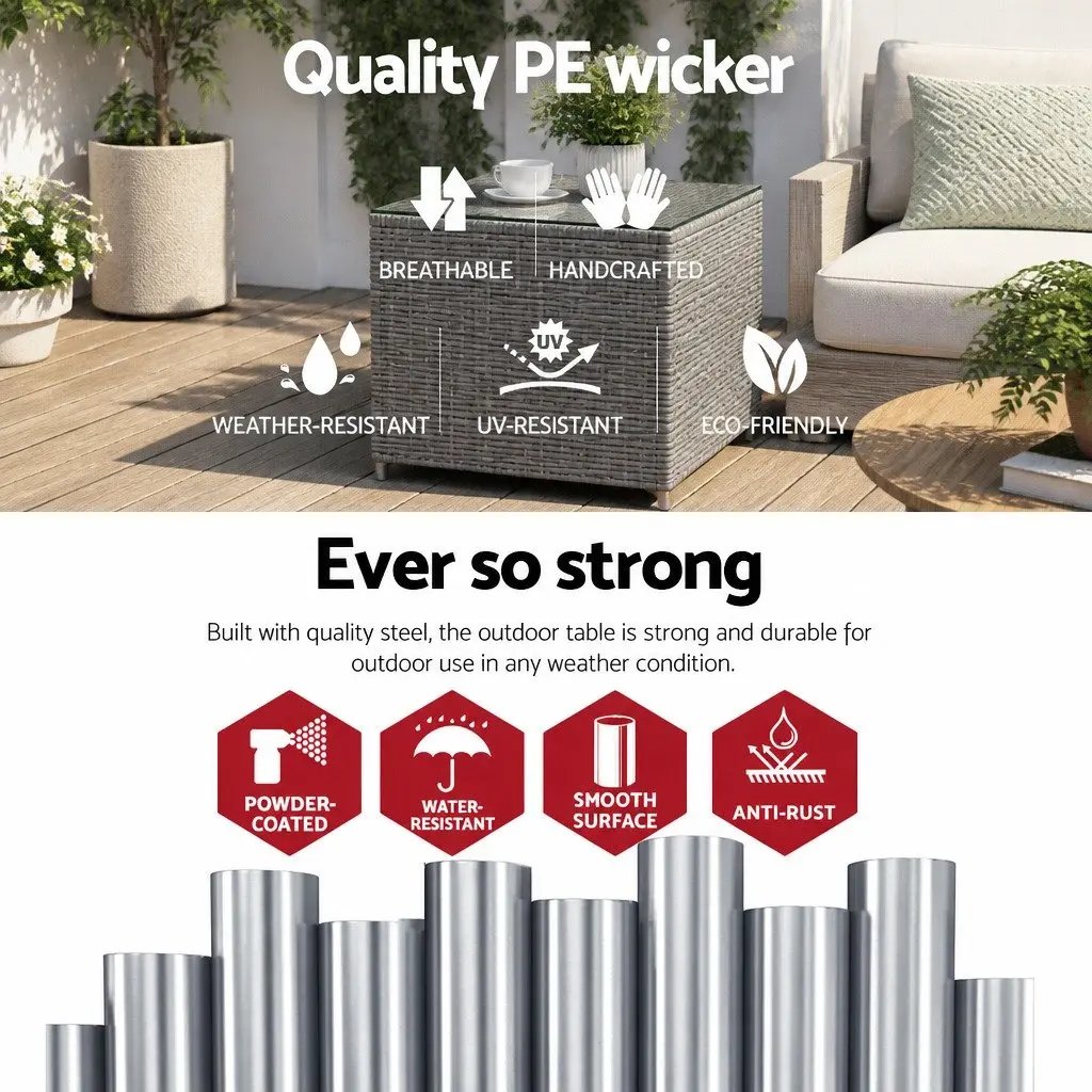 Outdoor Side Table Black 40cm Tempered Glass Top Wicker Rattan Furniture