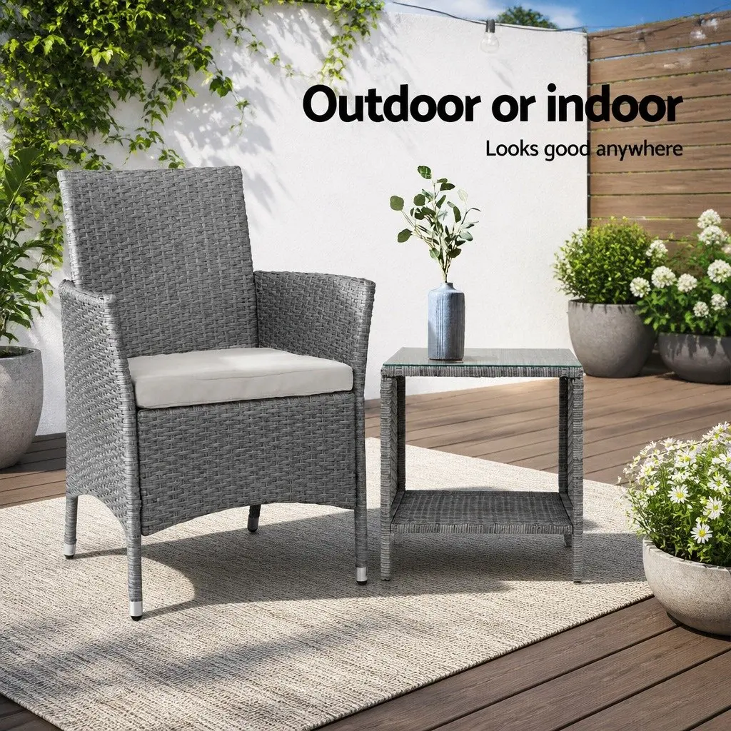 Outdoor Side Table Black 40cm Tempered Glass Top Wicker Rattan Furniture