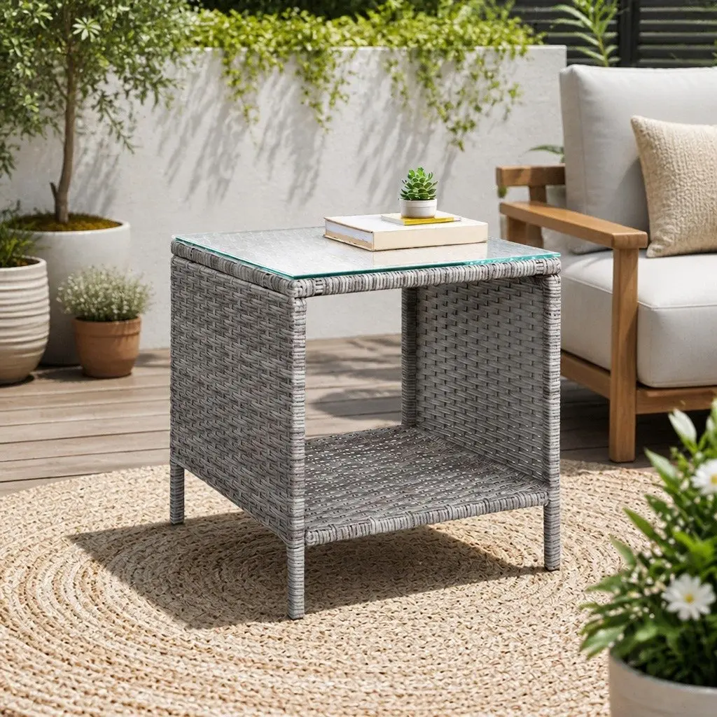 Outdoor Side Table Black 40cm Tempered Glass Top Wicker Rattan Furniture