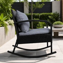 Outdoor Rocking Chair Wicker Lounge Seating with Cushions Pillows Black Patio