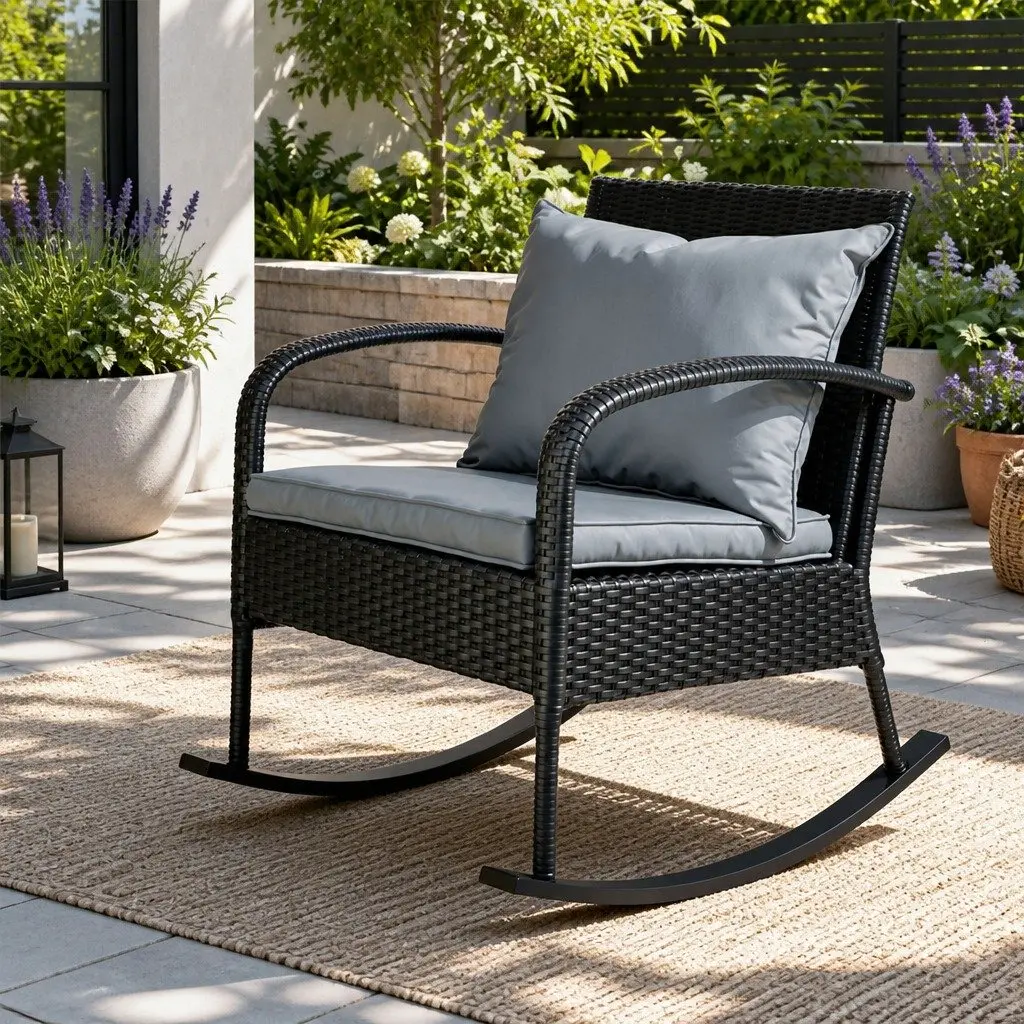 Outdoor Rocking Chair Wicker Lounge Seating with Cushions Pillows Black Patio