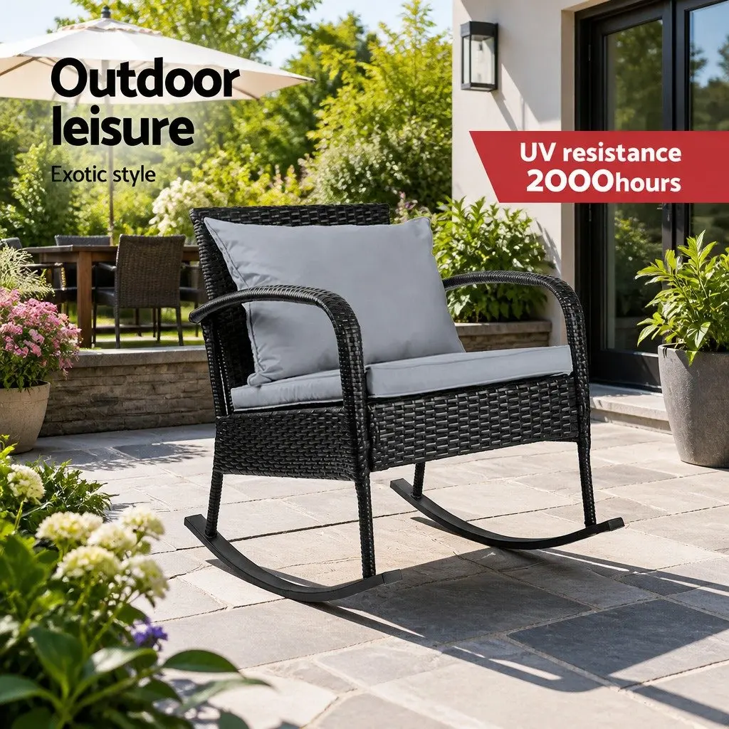 Outdoor Rocking Chair Wicker Lounge Seating with Cushions Pillows Black Patio