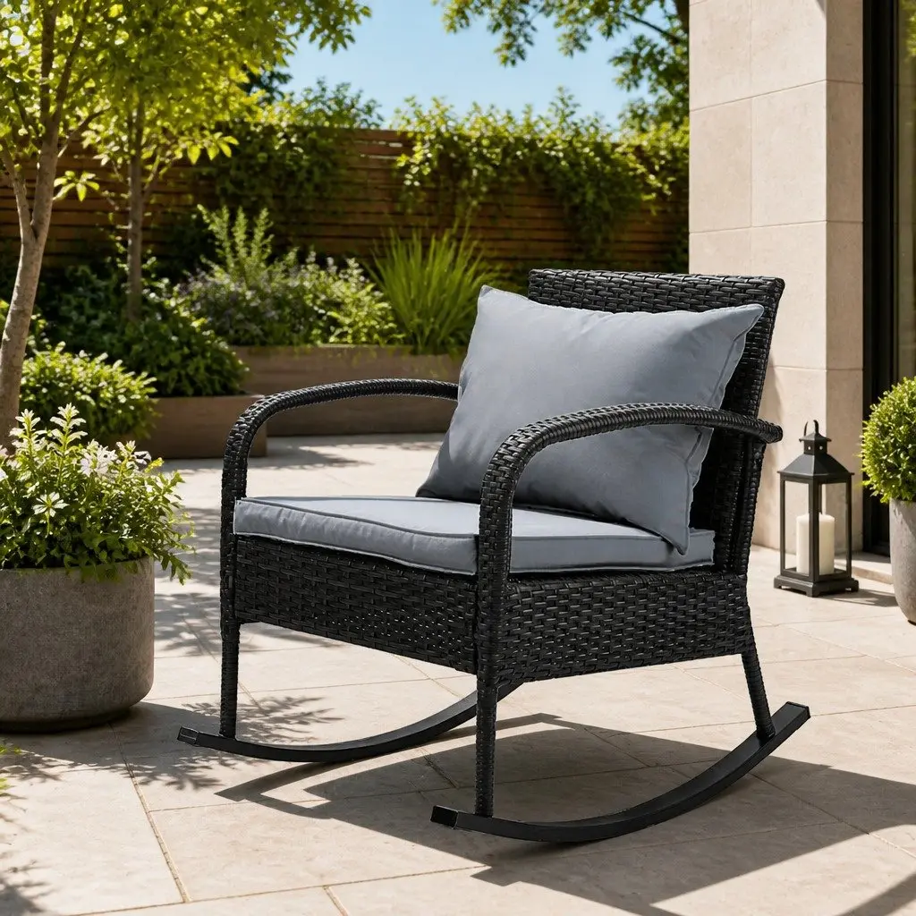 Outdoor Rocking Chair Wicker Lounge Seating with Cushions Pillows Black Patio