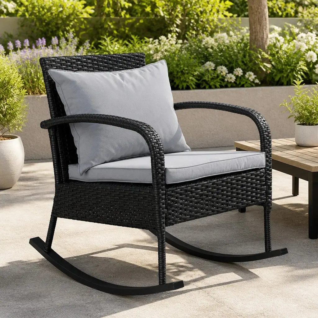 Outdoor Rocking Chair Wicker Lounge Seating with Cushions Pillows Black Patio