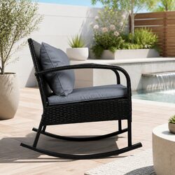 Outdoor Rocking Chair with Side Table Black Wicker Furniture Patio Lounge