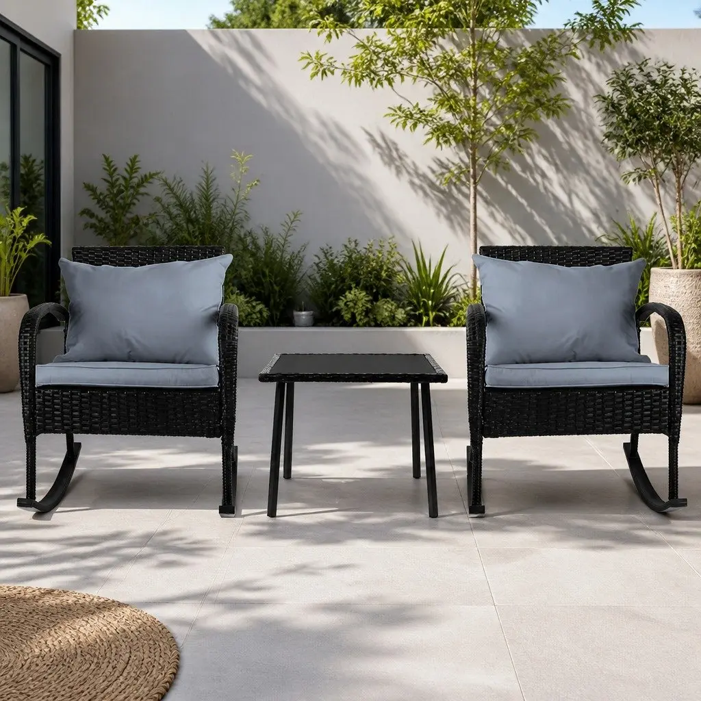Outdoor Rocking Chair Set Black 3 Piece with Wicker Side Table and Cushions