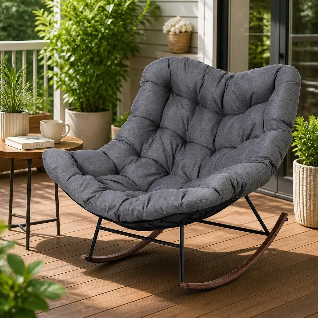Outdoor Rocking Chair Papasan Lounge Patio Furniture Grey Cushion Steel Frame