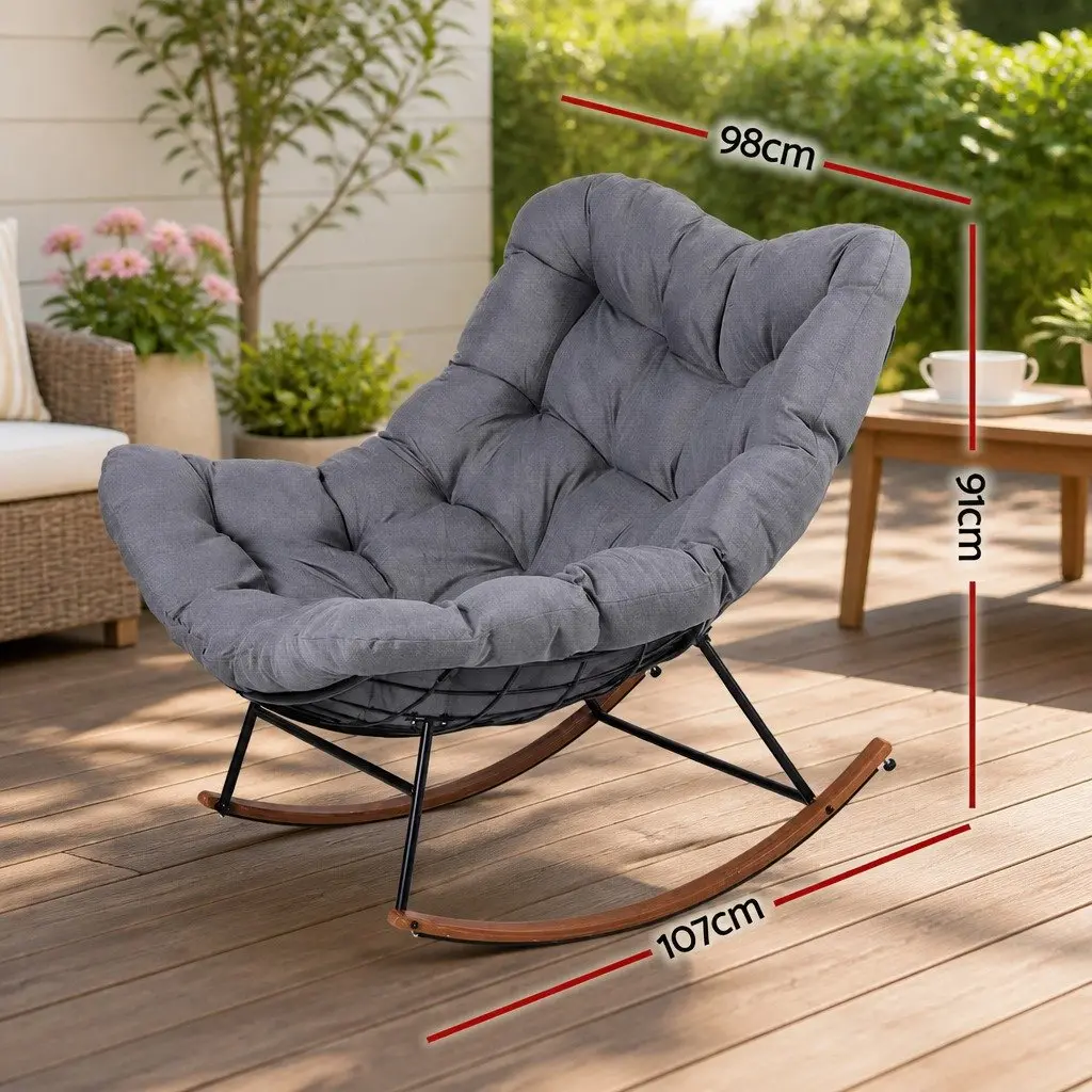 Outdoor Rocking Chair Papasan Lounge Patio Furniture Grey Cushion Steel Frame