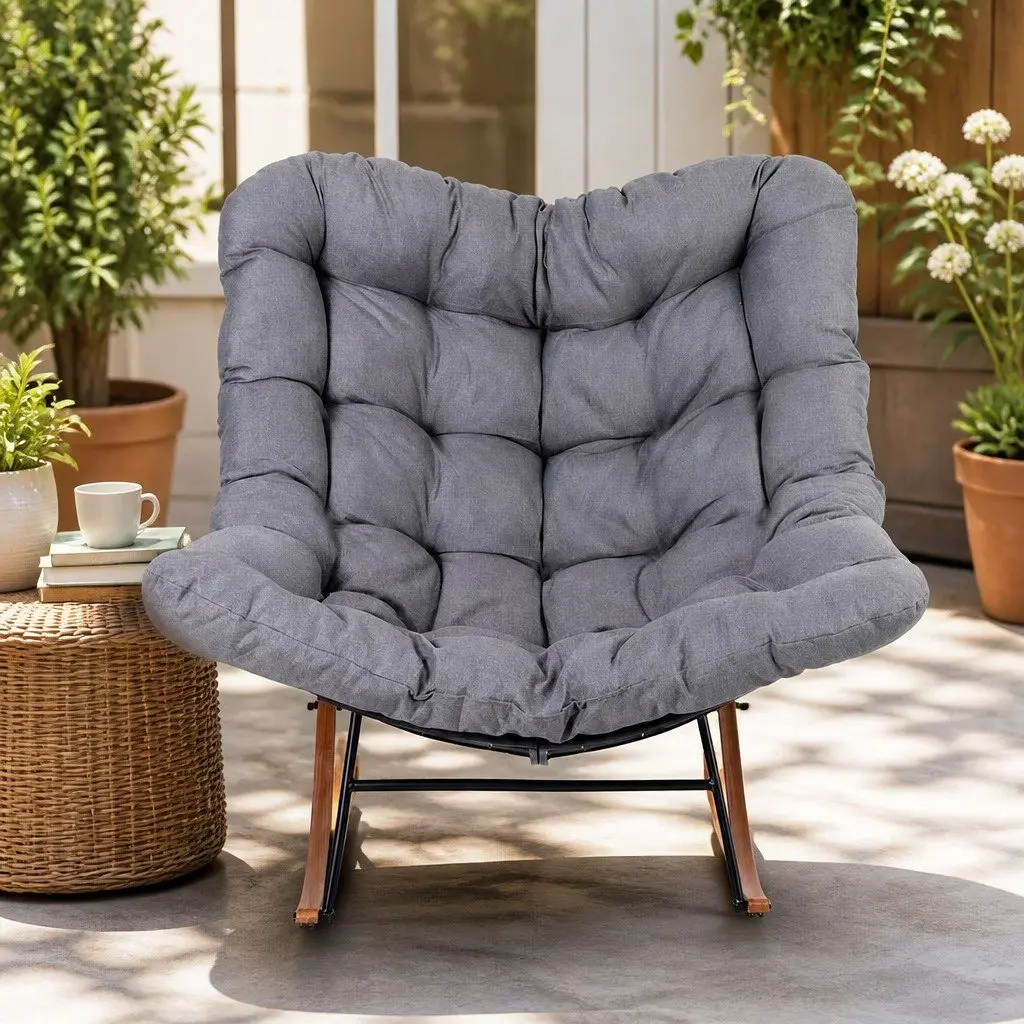 Outdoor Rocking Chair Papasan Lounge Patio Furniture Grey Cushion Steel Frame
