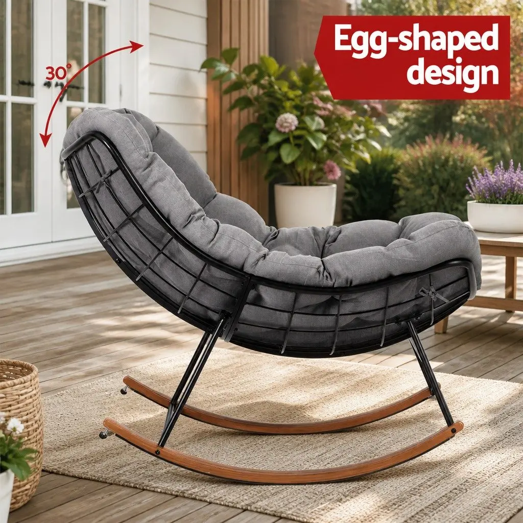 Outdoor Rocking Chair Papasan Lounge Patio Furniture Grey Cushion Steel Frame