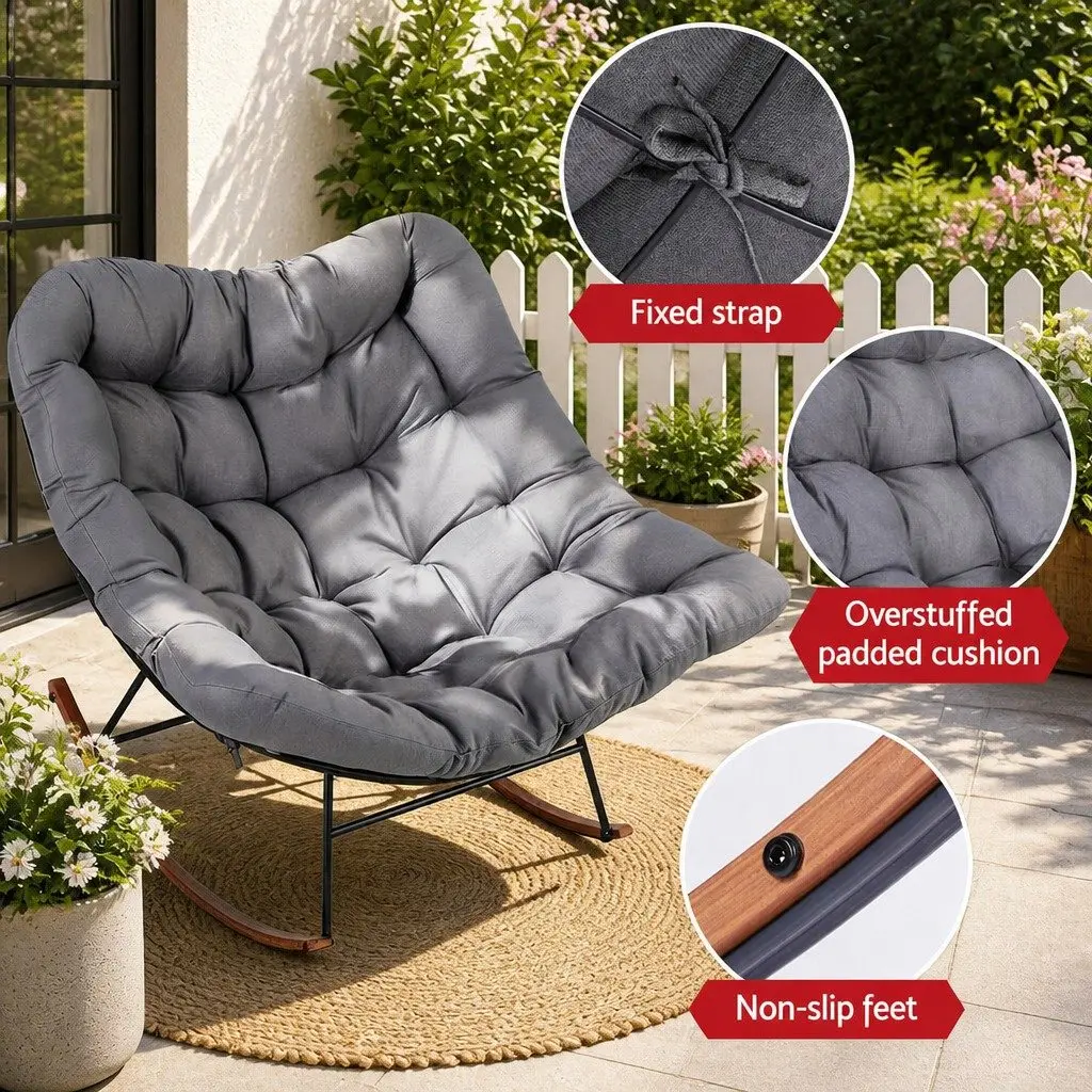 Outdoor Rocking Chair Papasan Lounge Patio Furniture Grey Cushion Steel Frame