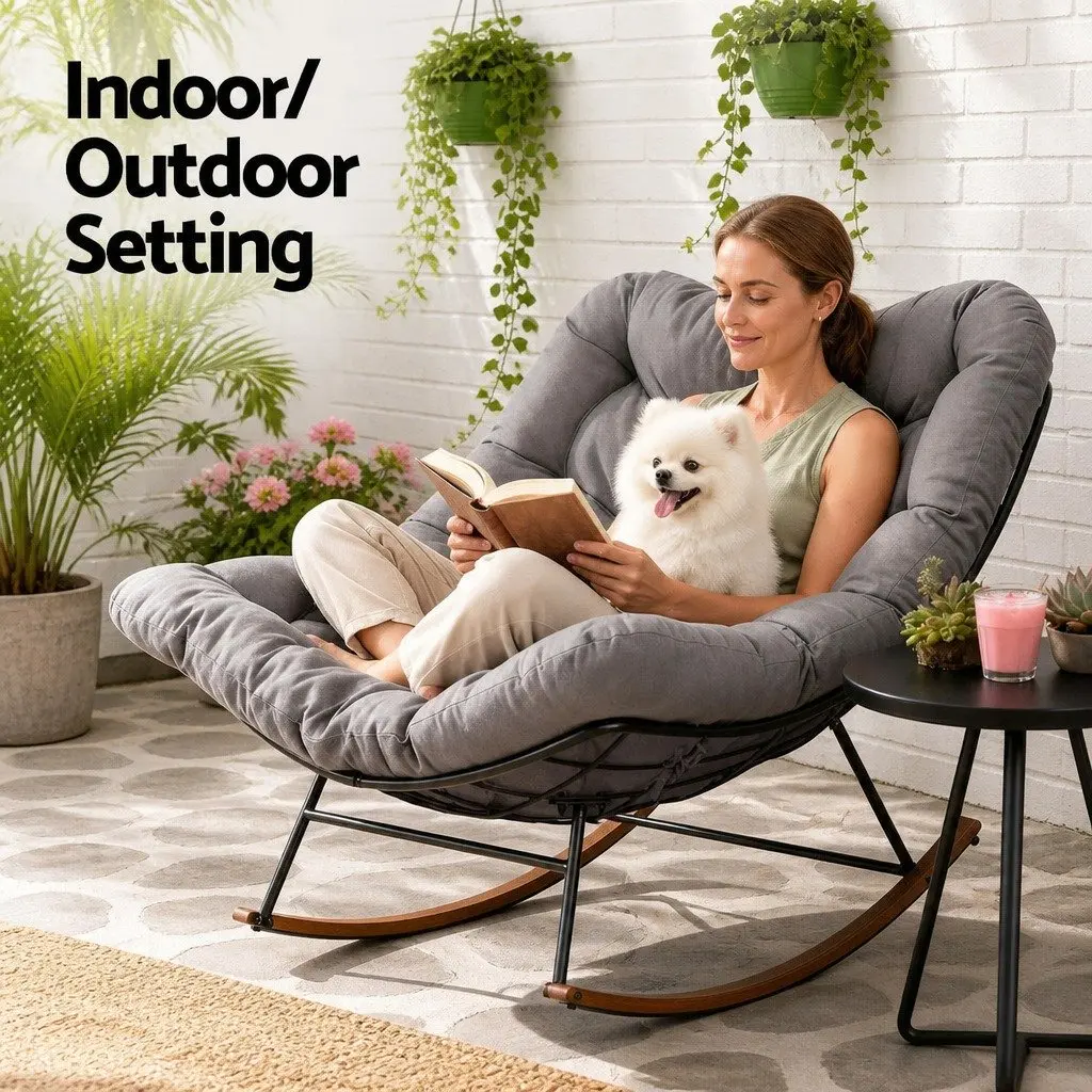 Outdoor Rocking Chair Papasan Lounge Patio Furniture Grey Cushion Steel Frame