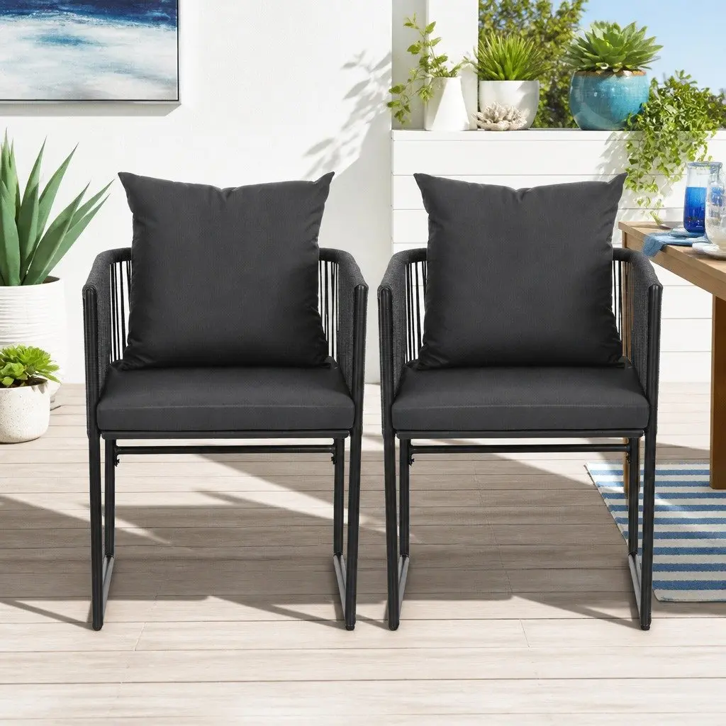 Outdoor Chairs Black 2PC Woven Rope Steel Frame Garden Seating