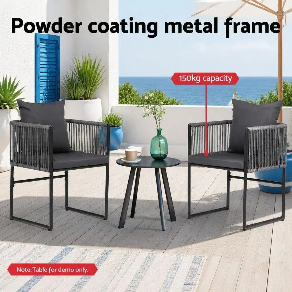 Outdoor Chairs Black 2PC Woven Rope Steel Frame Garden Seating