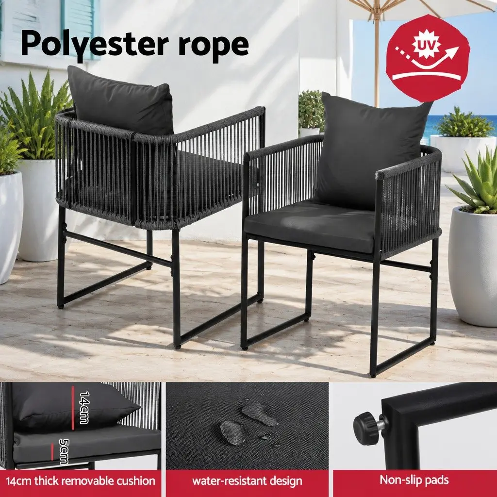 Outdoor Chairs Black 2PC Woven Rope Steel Frame Garden Seating