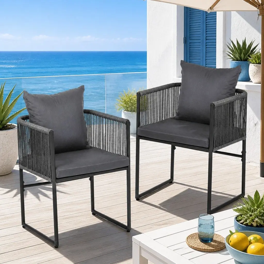 Outdoor Chairs Black 2PC Woven Rope Steel Frame Garden Seating