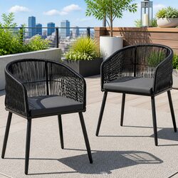 Outdoor Dining Chairs 2PC Wicker Patio Furniture Garden Armchair Steel Black