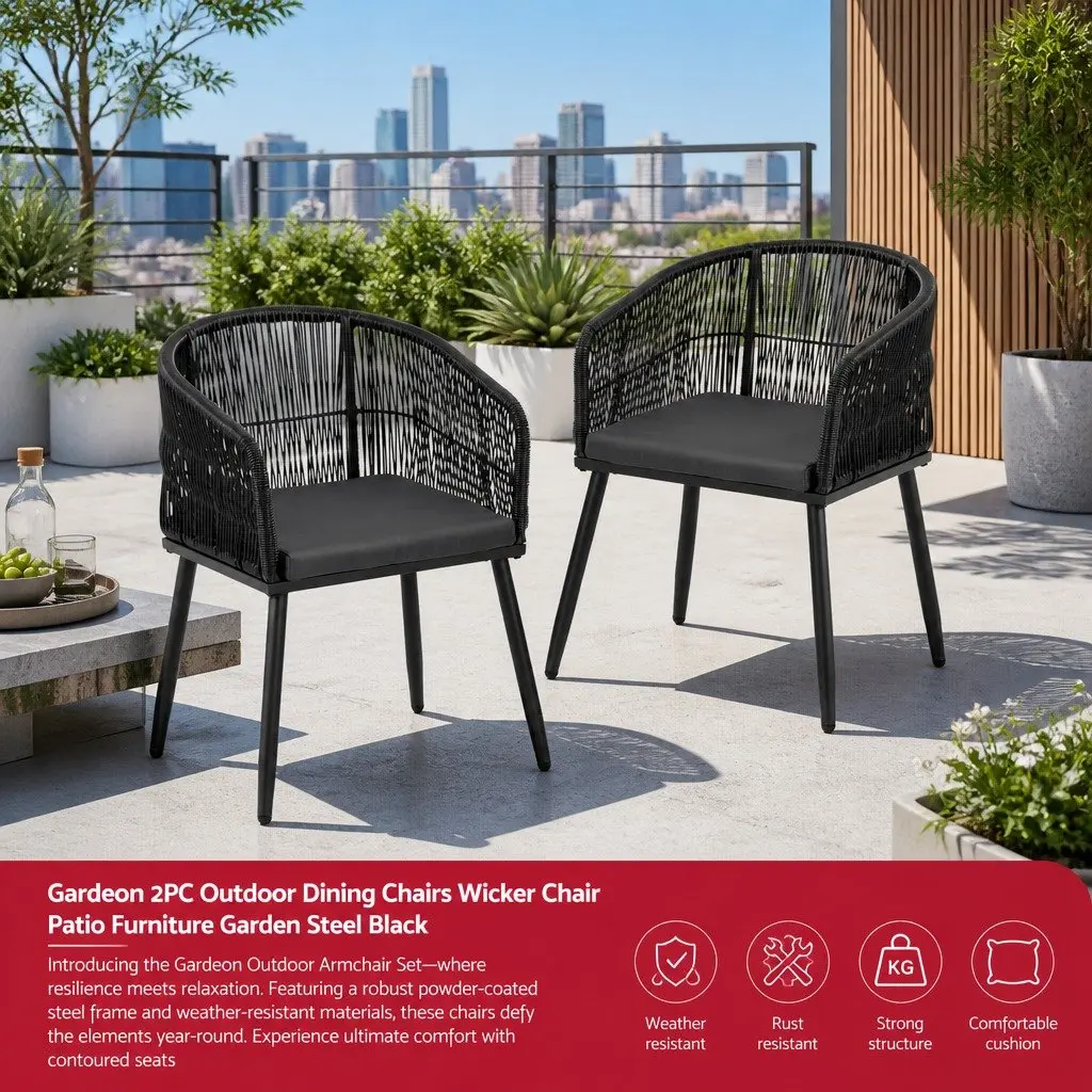 Outdoor Chairs Black 2PC Wicker Patio Furniture Steel Frame Cushioned Seats