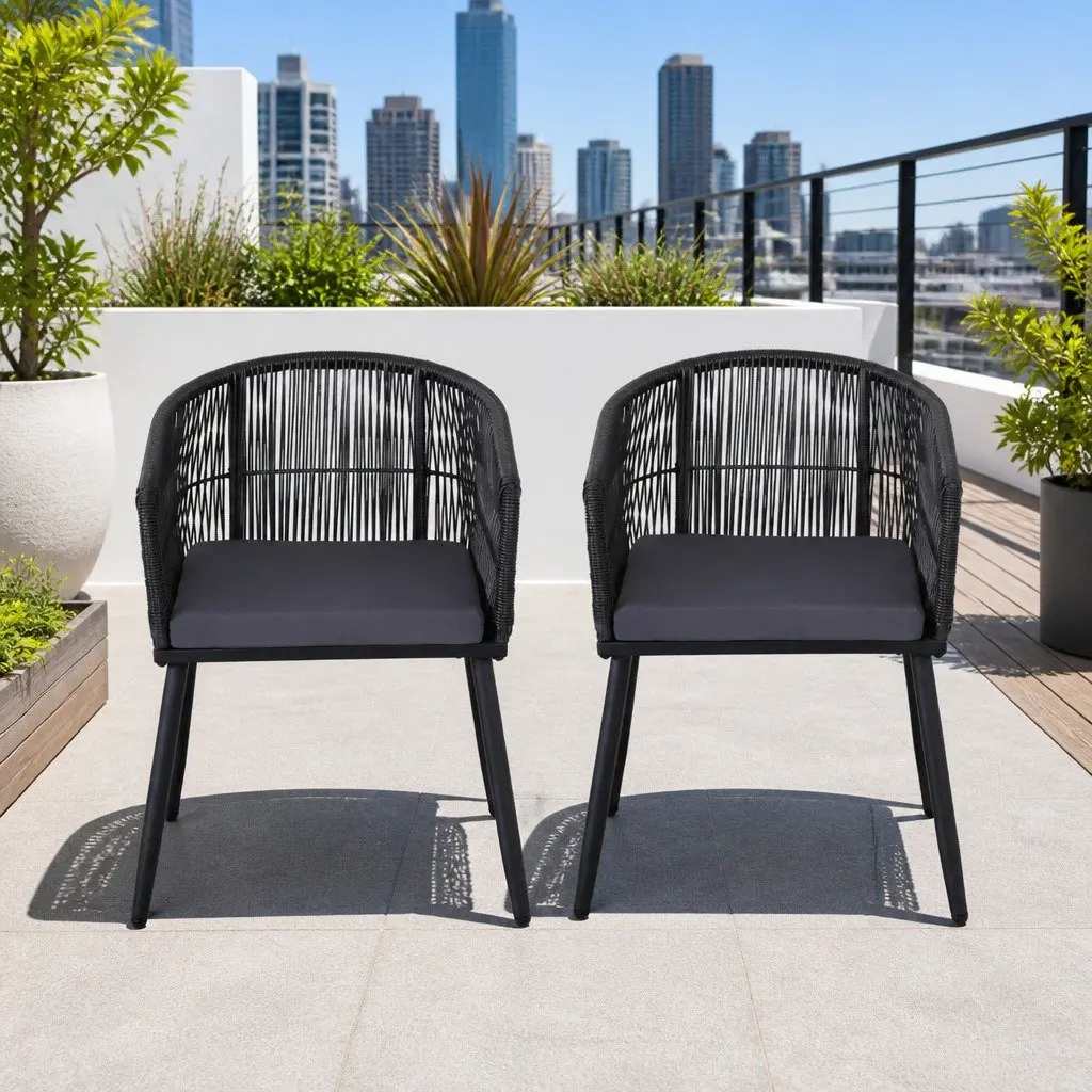 Outdoor Chairs Black 2PC Wicker Patio Furniture Steel Frame Cushioned Seats