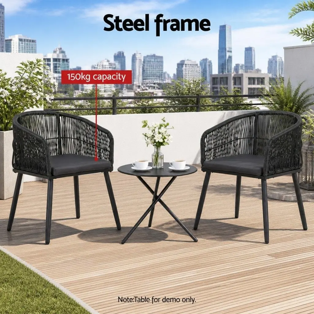 Outdoor Chairs Black 2PC Wicker Patio Furniture Steel Frame Cushioned Seats